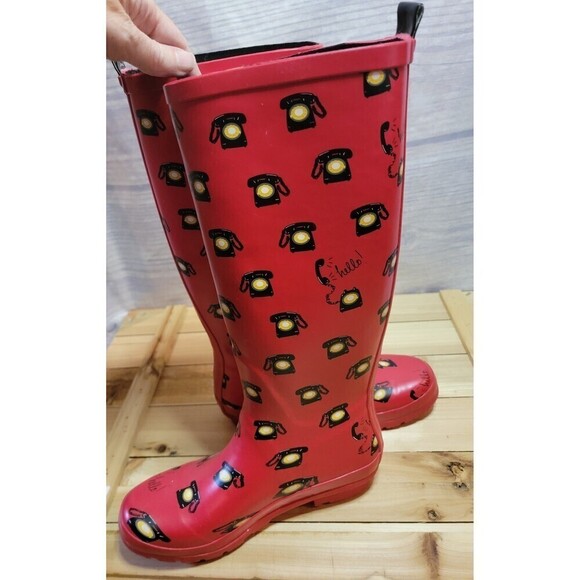 Anthropologie "Colloquial Rain Boots" in Call Me, Red, Telephone Print - Picture 5 of 11